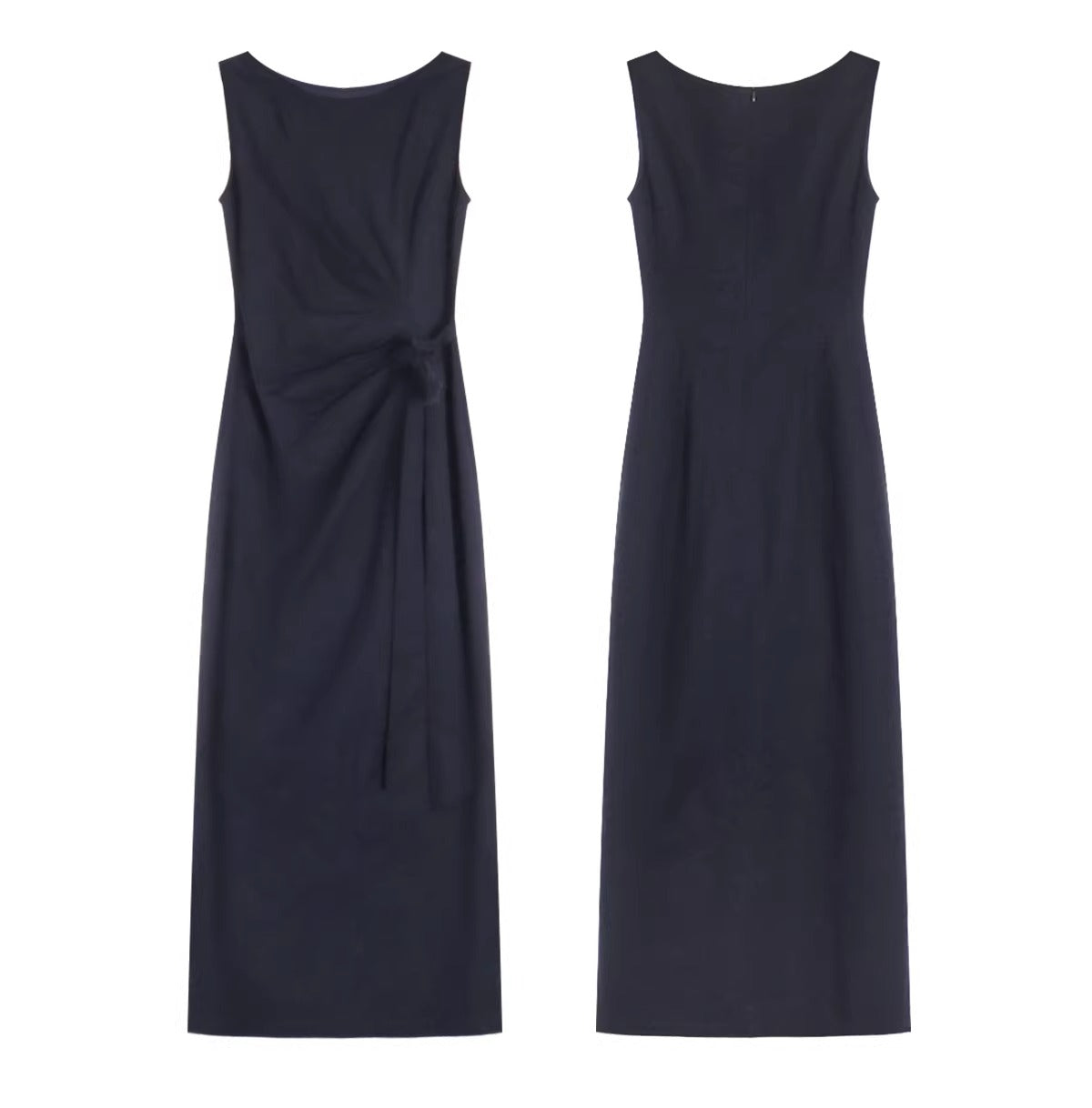 Navy Blue Boat Neck Sleeveless Tie Waist Maxi Dresses Summer