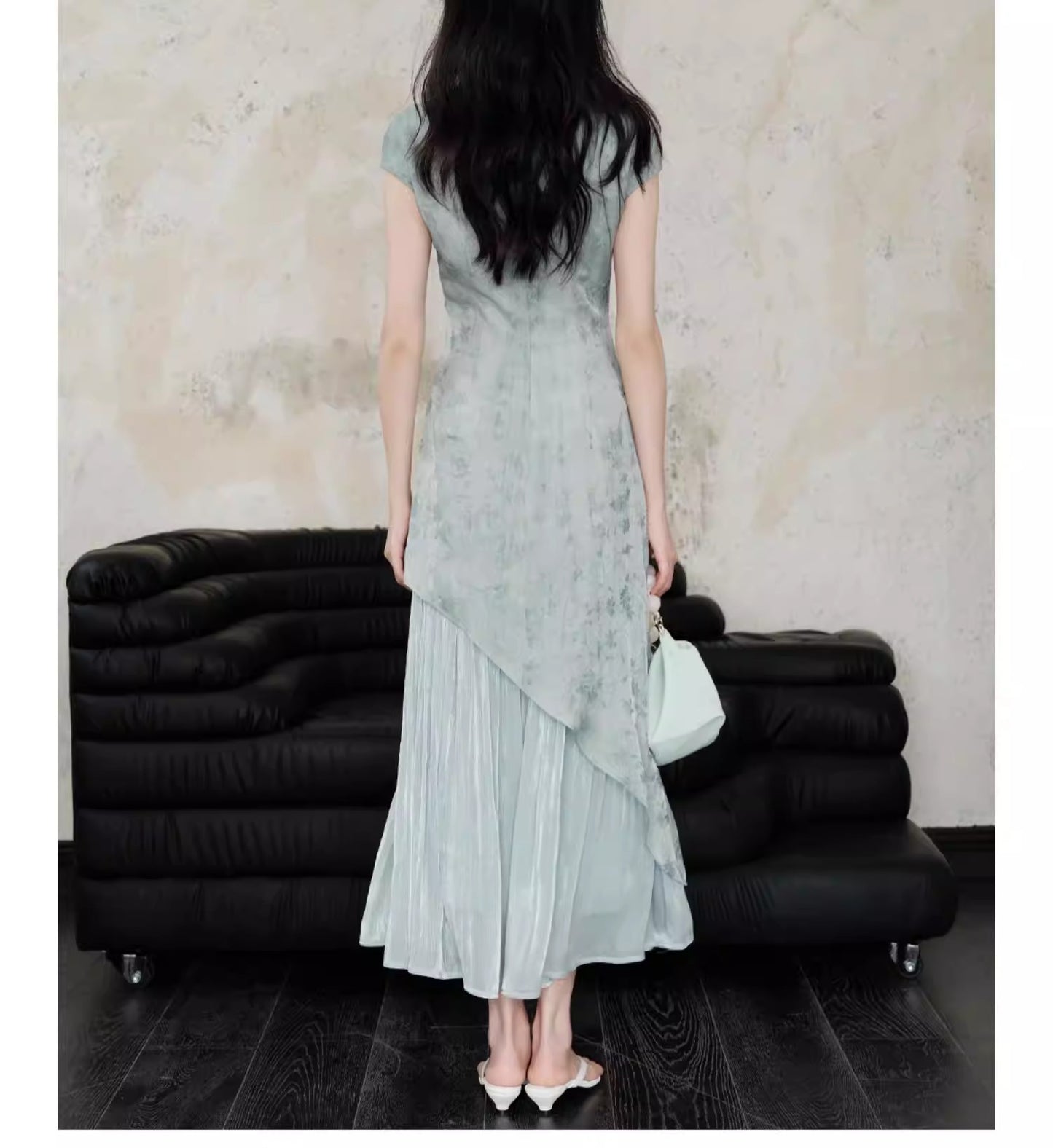 Plus Size Light Green Mandarin Collar Qipao Mock Two Piece Maxi Dress