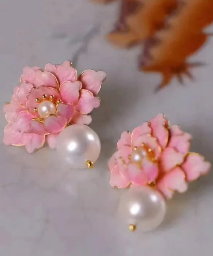Cute Pink Alloy Pearl Drip Glaze Peach Blossom Stud Earrings