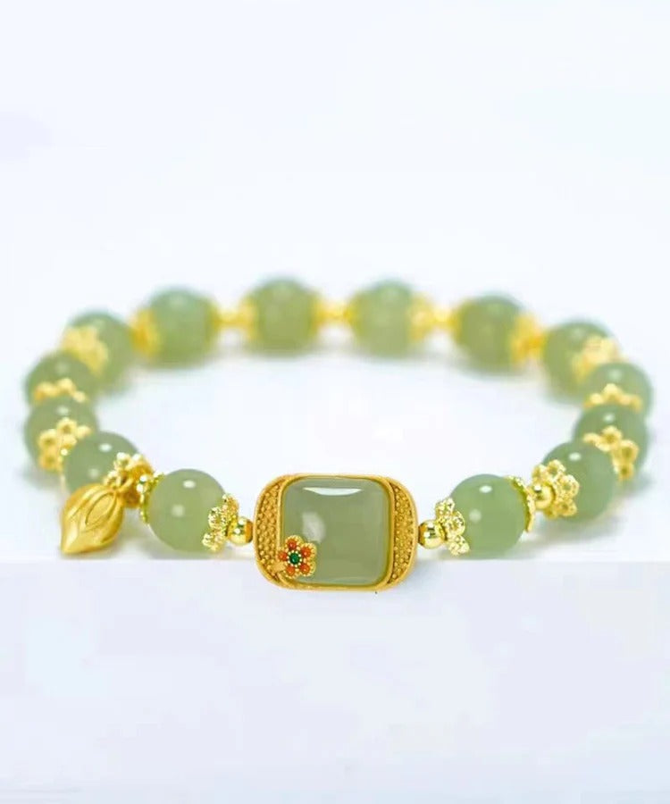 Vintage Green Sterling Silver Overgild Lotus Beading Charm Bracelet