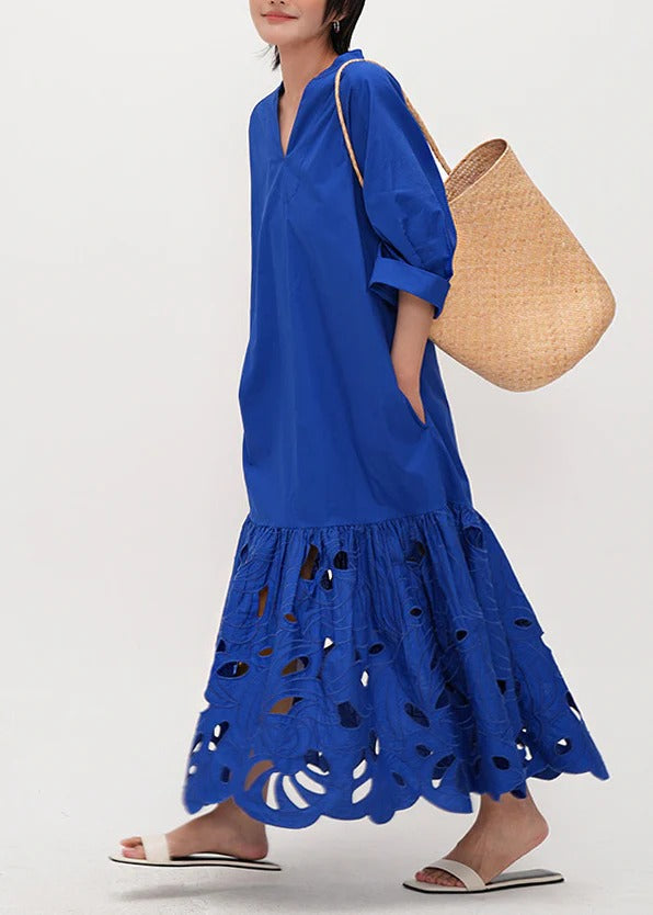 Art Blue Embroidered Hollow Out Cotton Maxi Dress Half Sleeve