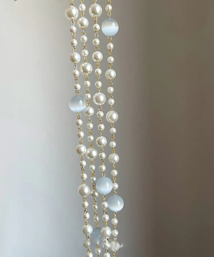 Art Gold Alloy Pearl Cat's Eye Stone Layered Gratuated Bead Necklace