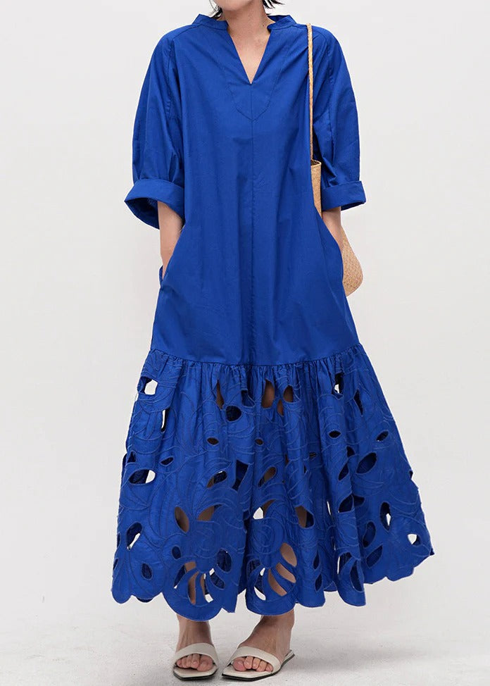 Art Blue Embroidered Hollow Out Cotton Maxi Dress Half Sleeve