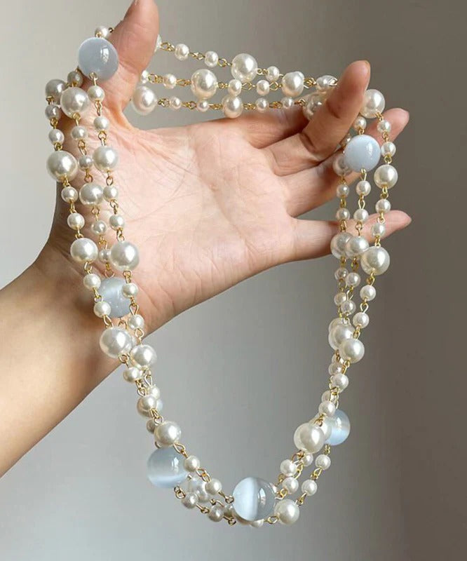 Art Gold Alloy Pearl Cat's Eye Stone Layered Gratuated Bead Necklace
