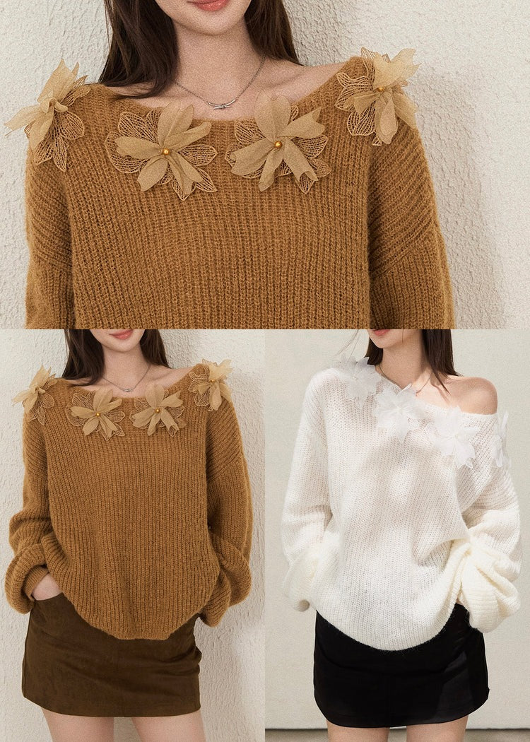 Boho White Oversized Floral Decorated Knit Top Fall