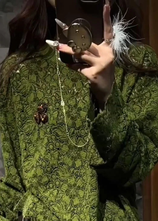 Elegant Green O Neck Hollow Out Lace T Shirts Fall