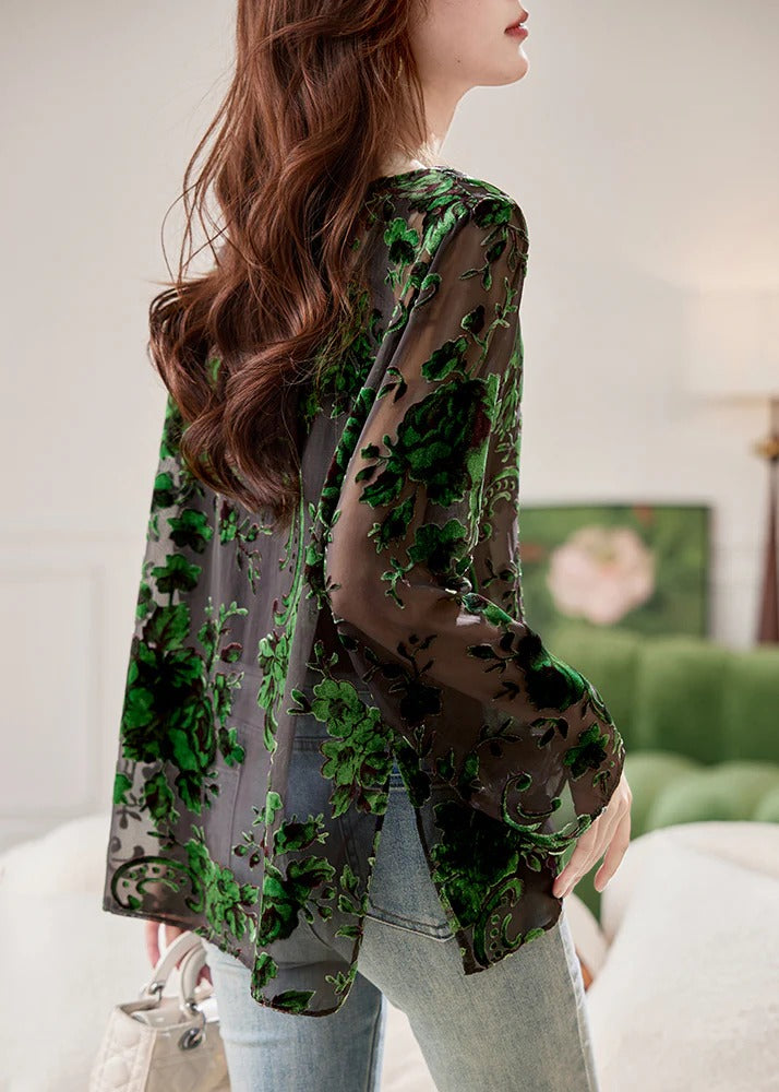 Fashion Green O-Neck Floral Chiffon Shirts Spring