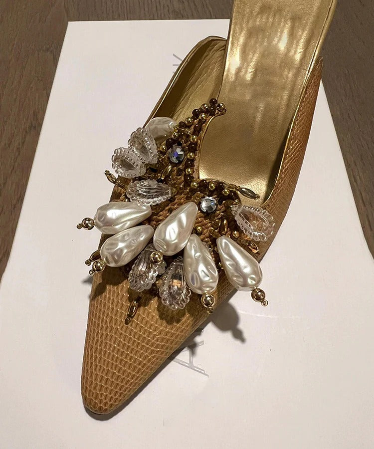 Golden Slide Sandals 2025 New French Pointed Toe Bead Decorated