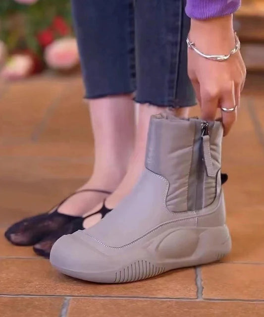 Grey Zippered Chic Splicing Boots Fuzzy Wool Lined