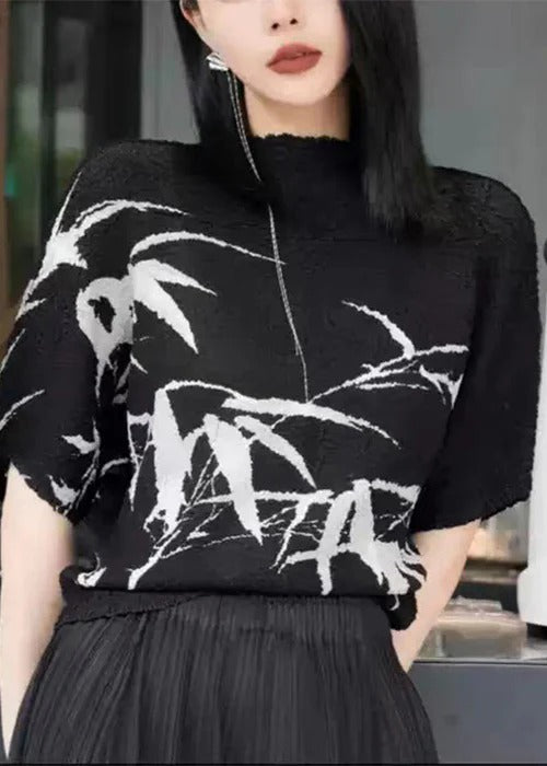 Loose Black Print Wrinkled Cotton T Shirt Summer