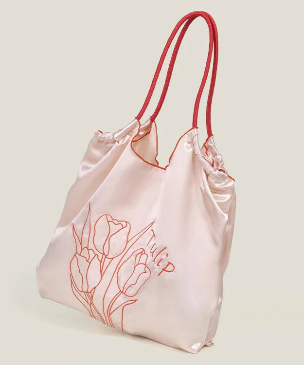 Retro Pink Flower Embroidered Drawstring Satin Shoulder Bags