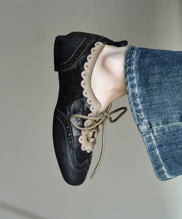 Elegant Black Sheepskin Lace Up Splicing Loafers