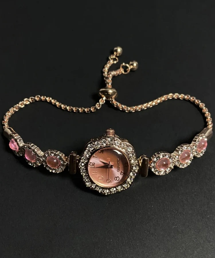 Fine Pink Alloy Inlaid Gem Stone Zircon Sapphire Crystal Watches