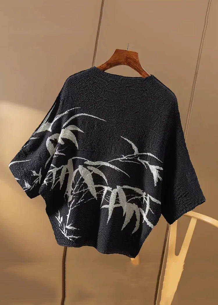Loose Black Print Wrinkled Cotton T Shirt Summer