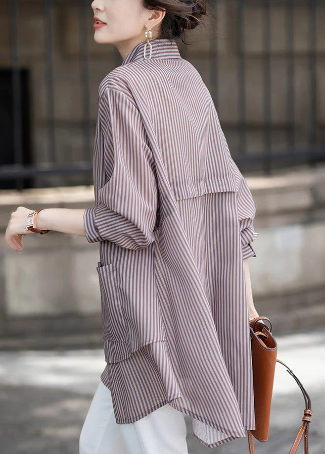 Loose Peter Pan Collar Striped Pockets Cotton Shirt Tops Fall