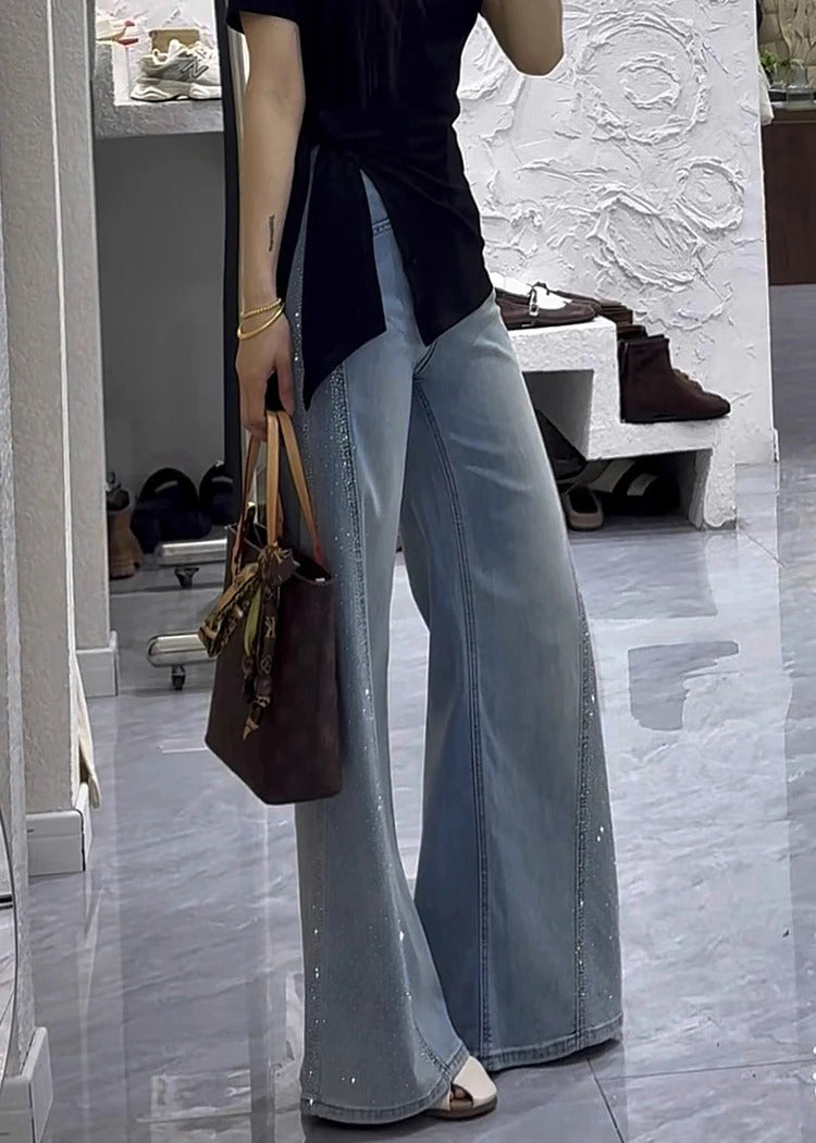 Modern Denim Blue Zircon High Waist Flared Trousers Fall