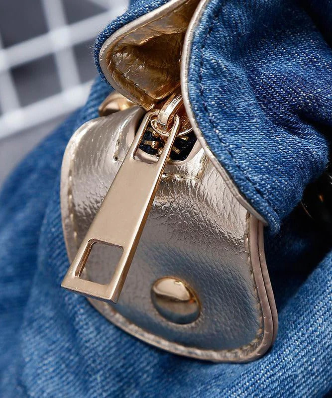 Retro Denim Blue Flower Rhinestone Tote Handbag