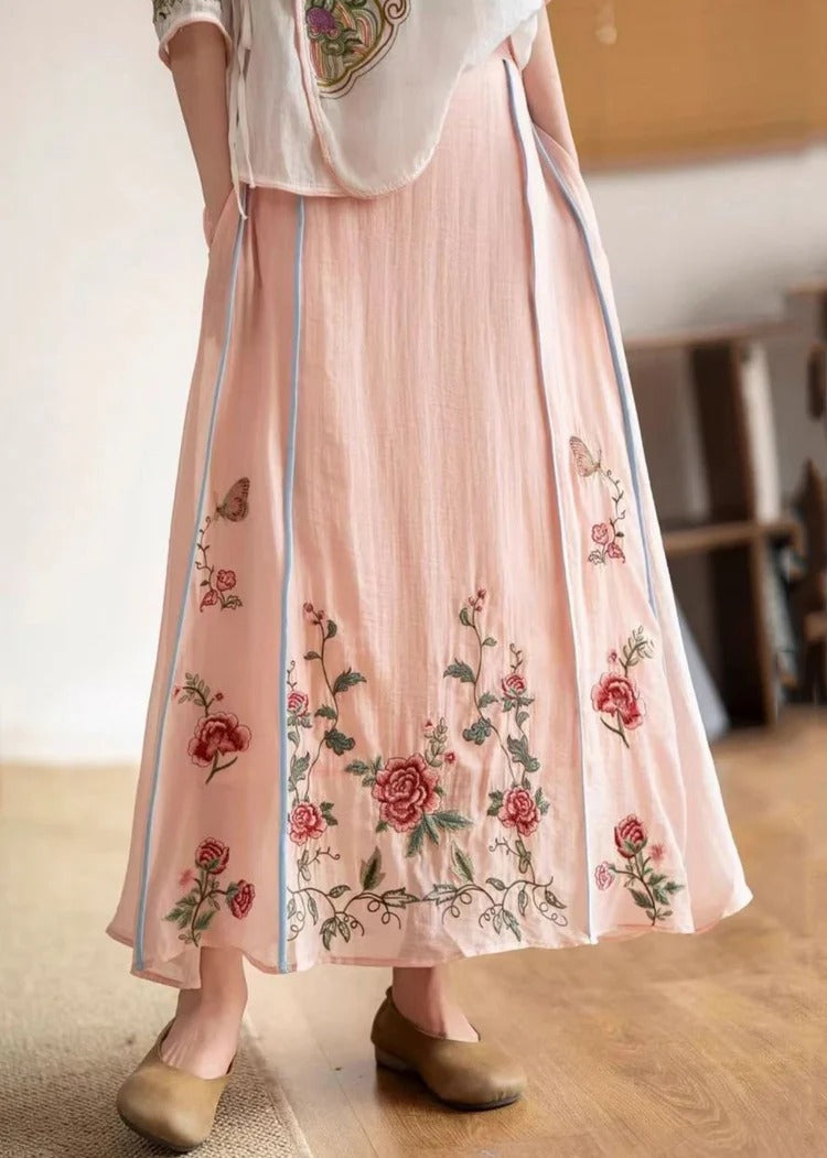Original White Embroidered Elastic Waist Pockets Cotton Skirt Summer