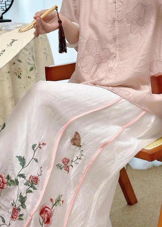 Original White Embroidered Elastic Waist Pockets Cotton Skirt Summer