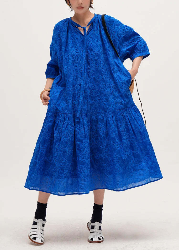 Art Blue Embroidered Hollow Out Cotton Maxi Dress Half Sleeve