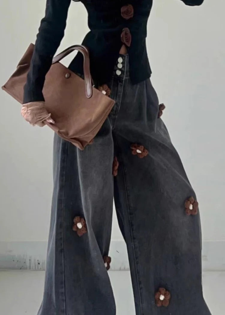Modern Black Button Floral High Waist Denim Wide Leg Pants Fall