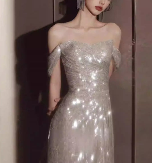 2025 New Champagne Slash Neck Side Open Sequins Party Dress