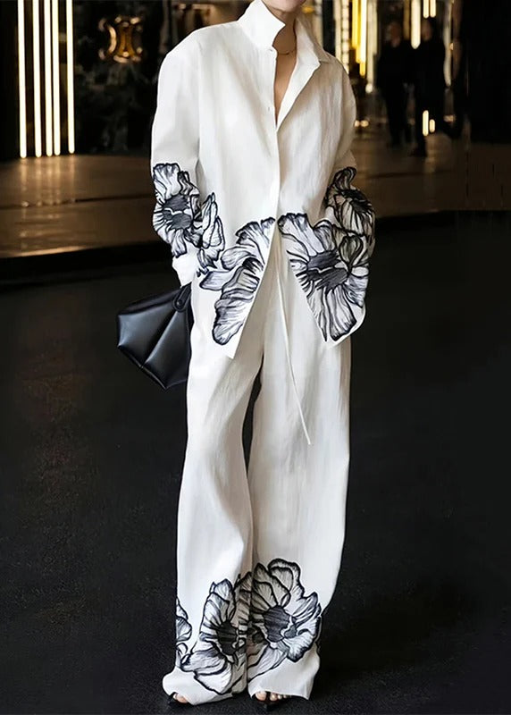 New White Peter Pan Collar Print Linen Two Piece Set Fall