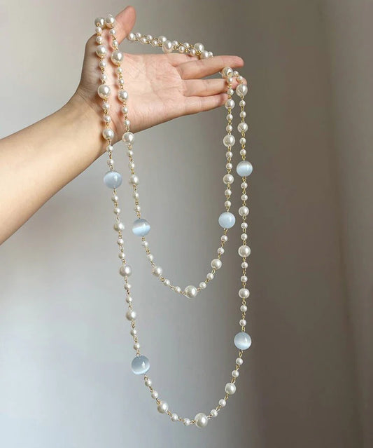 Art Gold Alloy Pearl Cat's Eye Stone Layered Gratuated Bead Necklace
