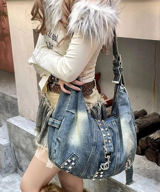 Retro Denim Blue Rivet Large Capacity Messenger Bag