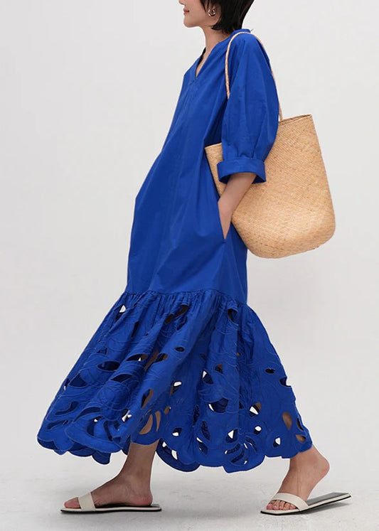 Art Blue Embroidered Hollow Out Cotton Maxi Dress Half Sleeve