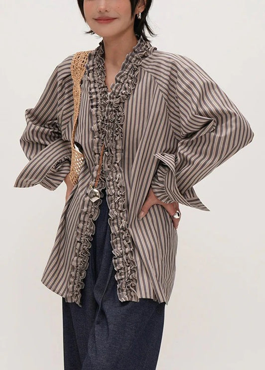 Original Design Striped V Neck Ruffled Cotton Shirt Fall