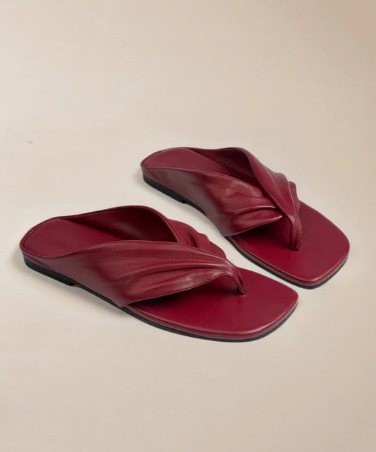Stylish Comfy Splicing Flip Flops Red Cowhide Leather