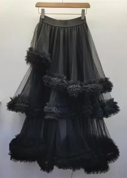 New Black Ruffled Elastic Waist Tulle Skirt Summer