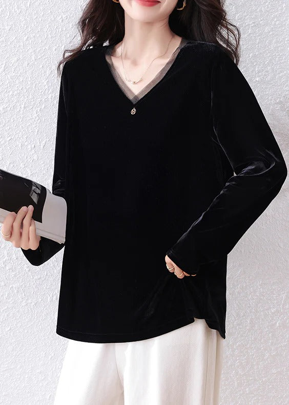 Beautiful Black V Neck Patchwork Silk Velour Shirt Tops Fall