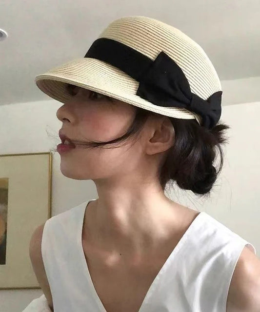 French Summer Beige Bow Straw Woven Sun Hat