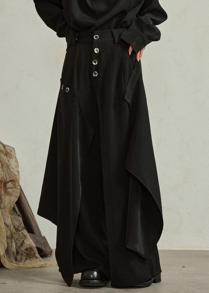 Modern Black Asymmetrical Button Pockets Cotton Pants Fall