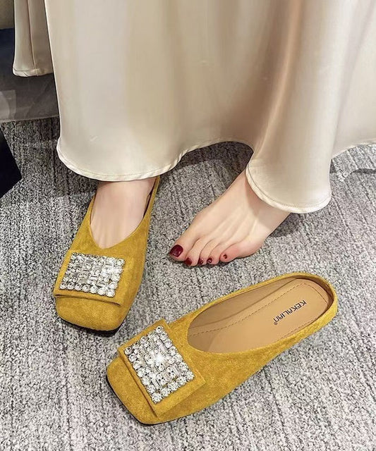 Stylish Versatile Yellow Suede Zircon Slide Sandals