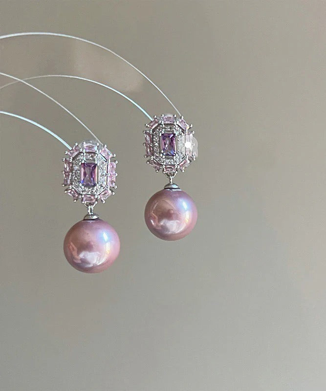Modern Purple Copper Zircon Crystal Pearl Drop Earrings