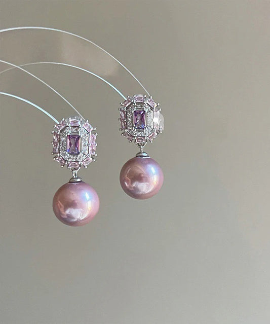Modern Purple Copper Zircon Crystal Pearl Drop Earrings