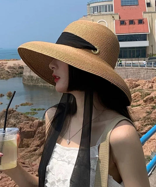 Summer French Style Khaki Versatile Straw Woven Sun Hat