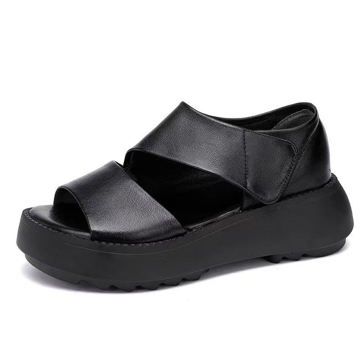 Summer Leather Retro Velcro Tape Wedge Sandals For Women