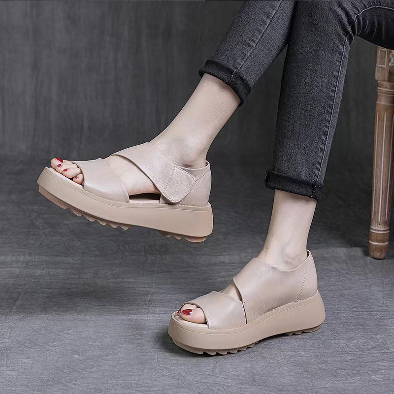 Summer Leather Retro Velcro Tape Wedge Sandals For Women