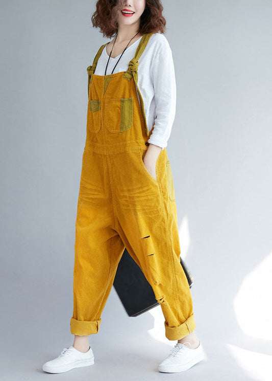 Bohemian pocket Corduroy ripped Yellow Jumpsuits Spring