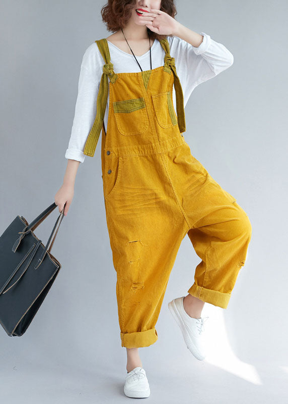 Bohemian pocket Corduroy ripped Yellow Jumpsuits Spring