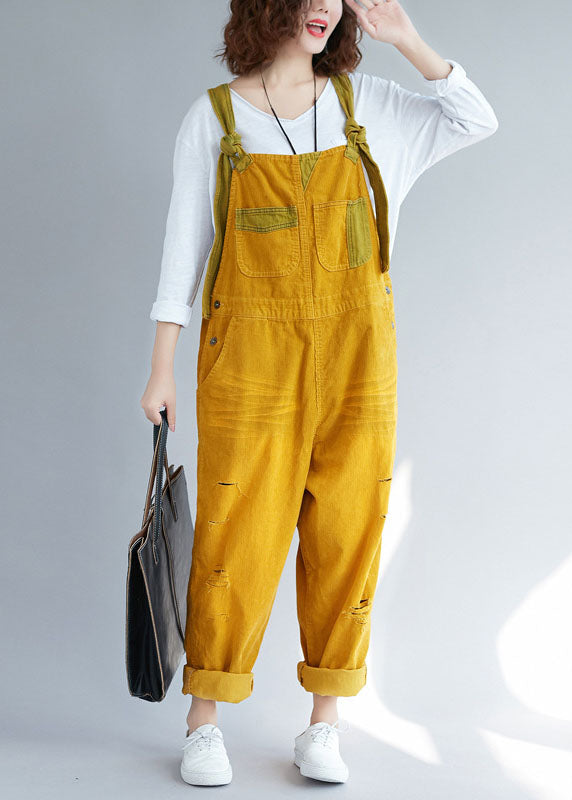 Bohemian pocket Corduroy ripped Yellow Jumpsuits Spring