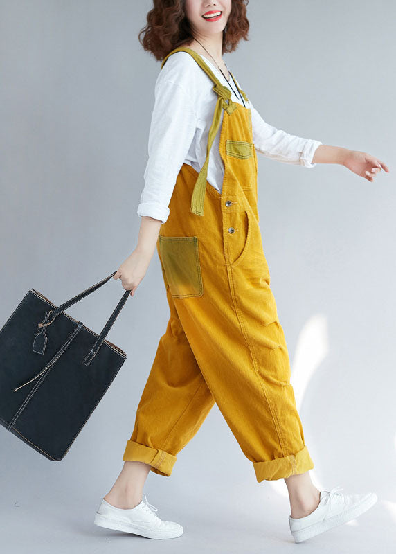 Bohemian pocket Corduroy ripped Yellow Jumpsuits Spring