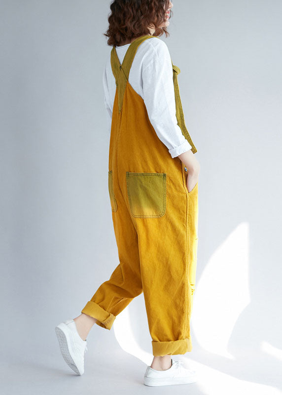 Bohemian pocket Corduroy ripped Yellow Jumpsuits Spring
