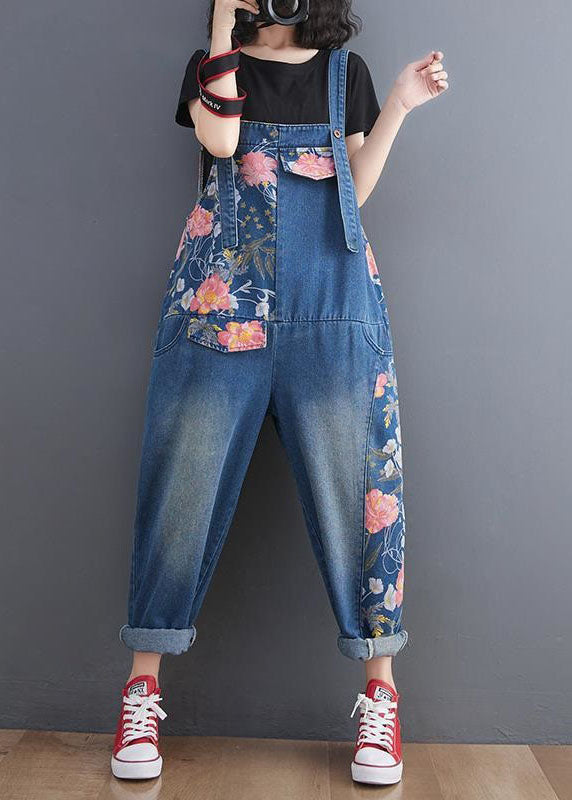 Modern Print Patchwork Denim Straight Leg Cargo Blue Jumpsuit Spring