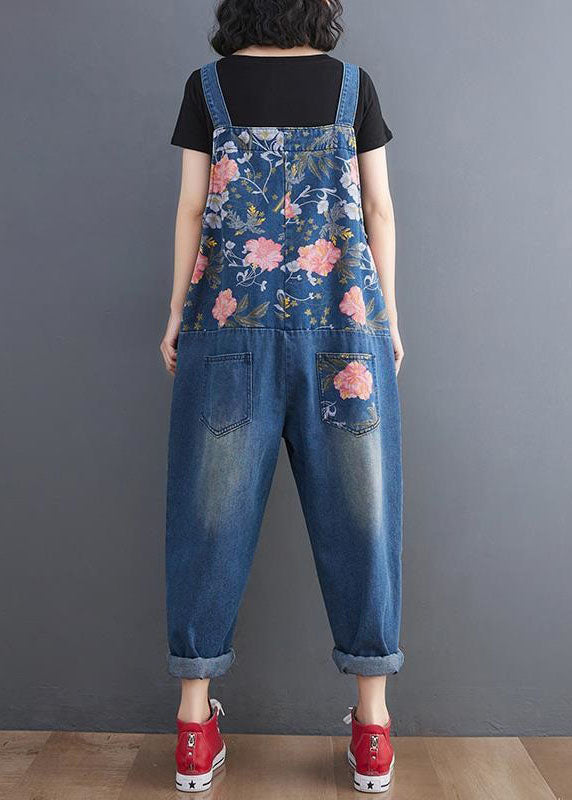 Modern Print Patchwork Denim Straight Leg Cargo Blue Jumpsuit Spring