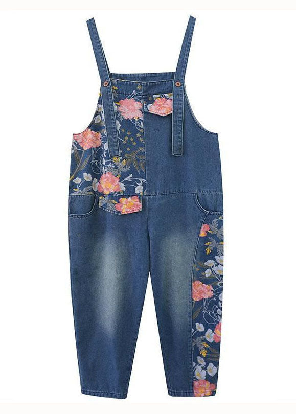 Modern Print Patchwork Denim Straight Leg Cargo Blue Jumpsuit Spring